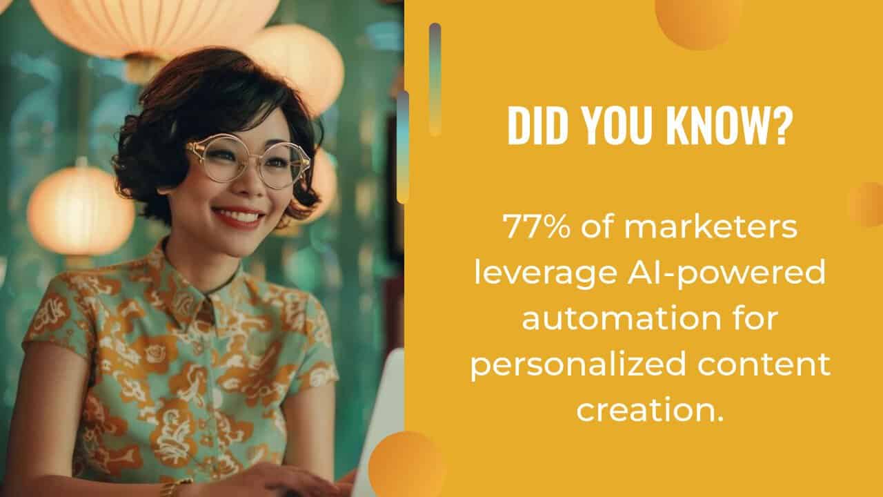 A woman smiles while using a laptop; next to her, text reads: "77% of marketers leverage AI marketing automation for personalized content creation.