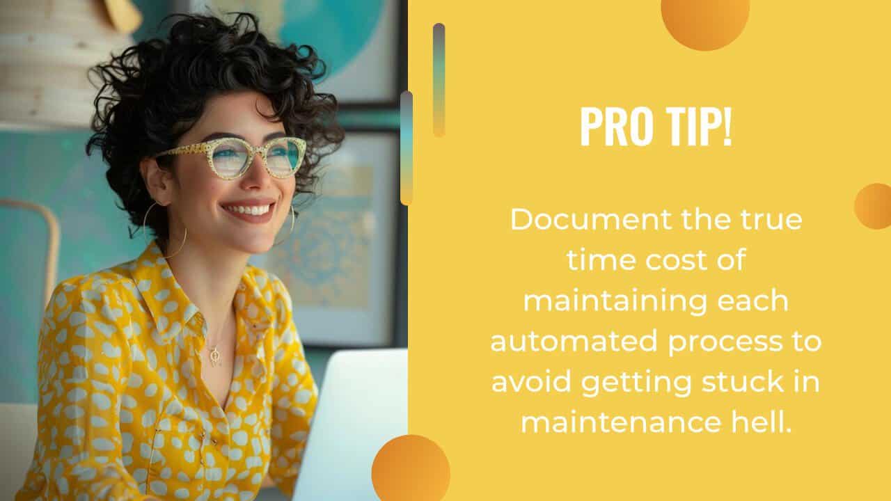 Smiling woman in glasses and a yellow polka-dot shirt works at a laptop; text beside her offers a tip about documenting time costs for AI marketing automation process maintenance.