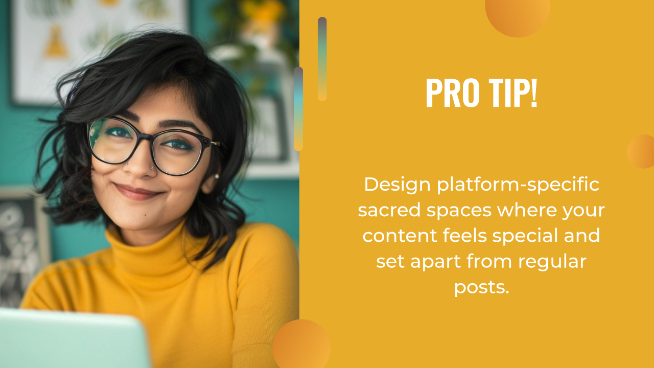 A woman in glasses and a yellow turtleneck smiles at the camera. Next to her, text reads: “Pro Tip! Use an AI marketing strategy to design platform-specific sacred spaces where your content feels special and set apart.”.
