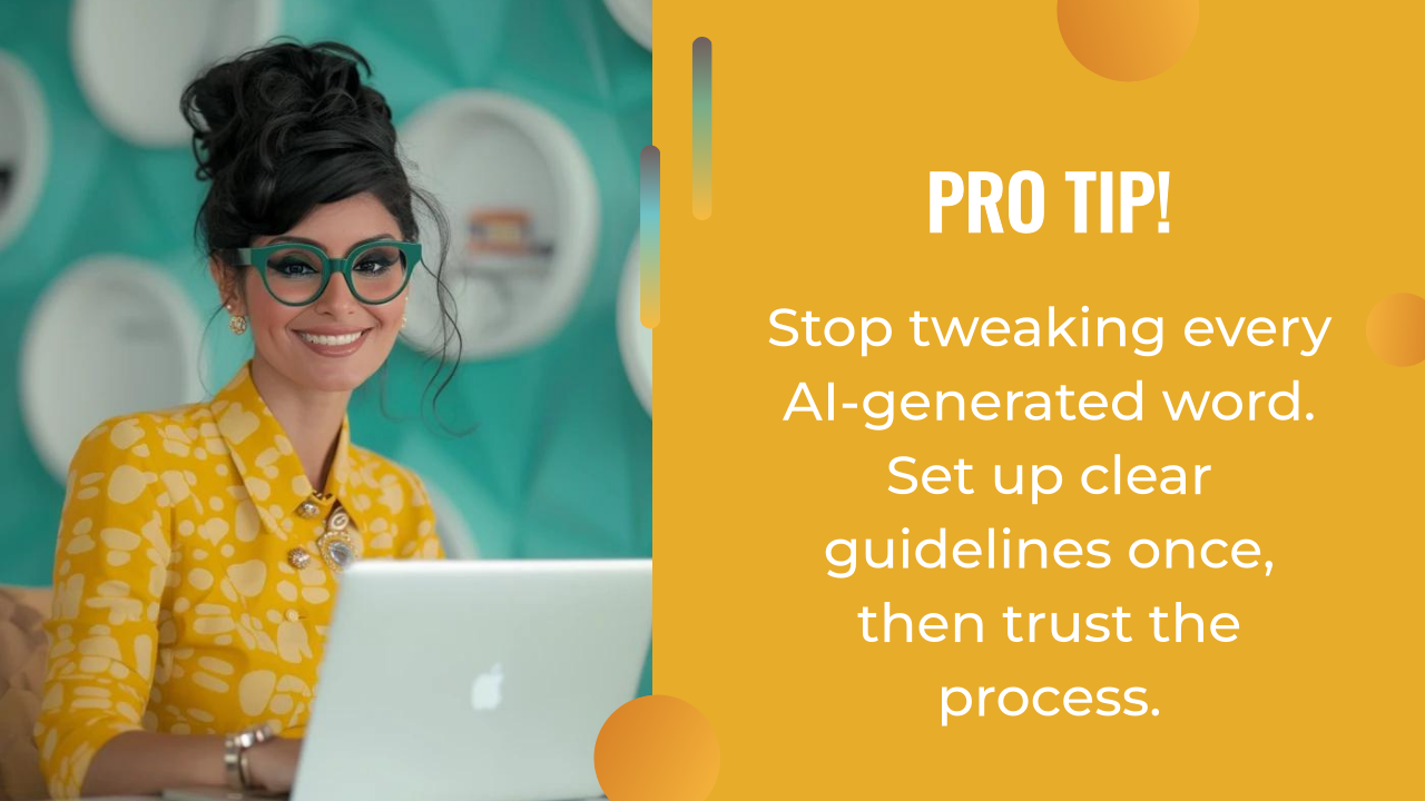 A woman in glasses and a yellow blouse smiles at a laptop, using her ai writing assistant; text beside her offers a tip about setting guidelines for AI-generated content and trusting the process.
