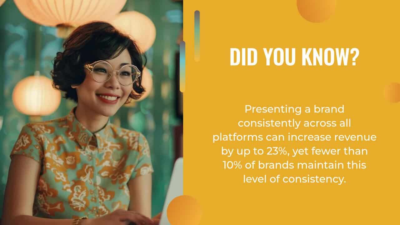 Woman smiling while working on a laptop, with text noting that consistent brand presentation—achievable with an AI writing assistant—can boost revenue by up to 23%, yet fewer than 10% of brands reach this level of consistency.