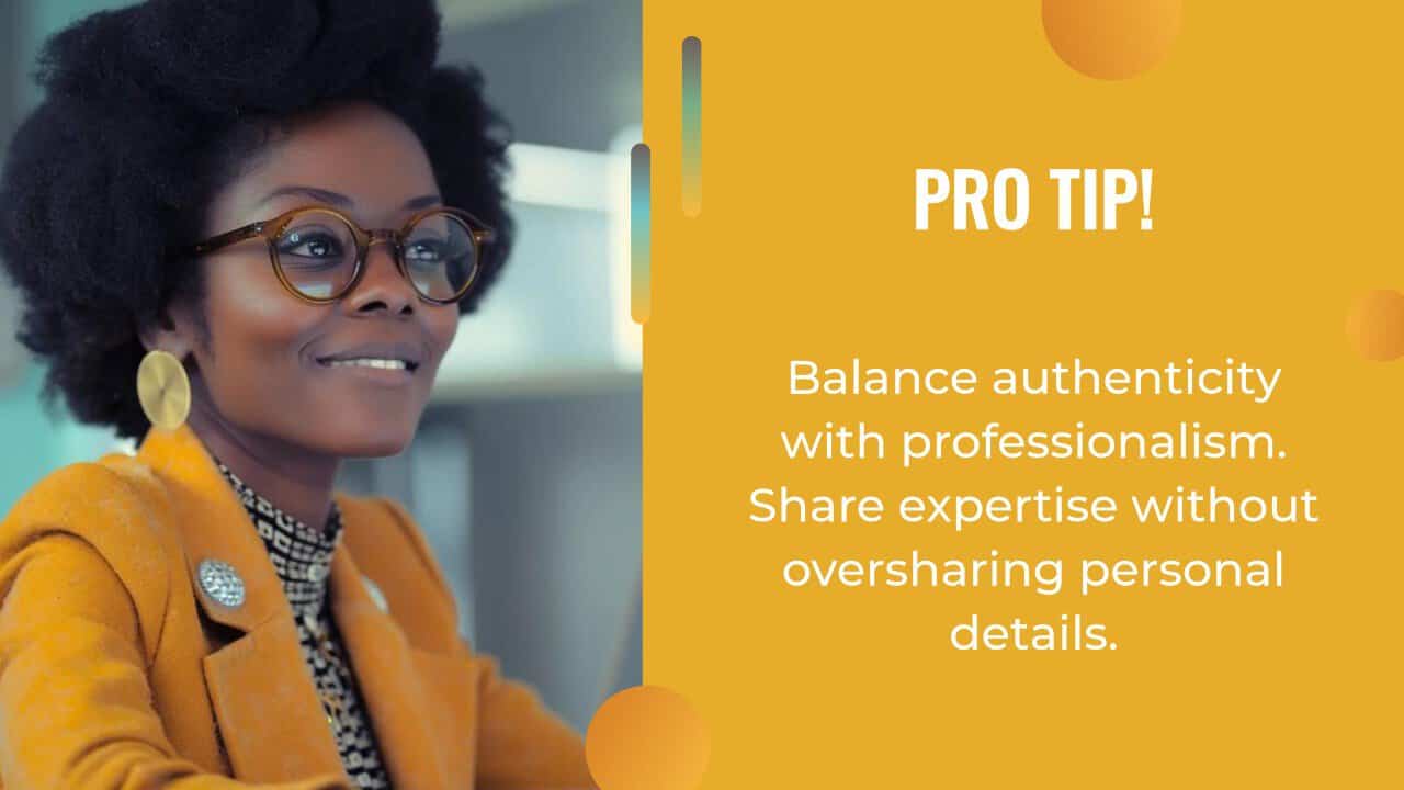 A woman in glasses and a yellow blazer smiles, with text beside her offering a tip about balancing authenticity and professionalism in ai content creation.