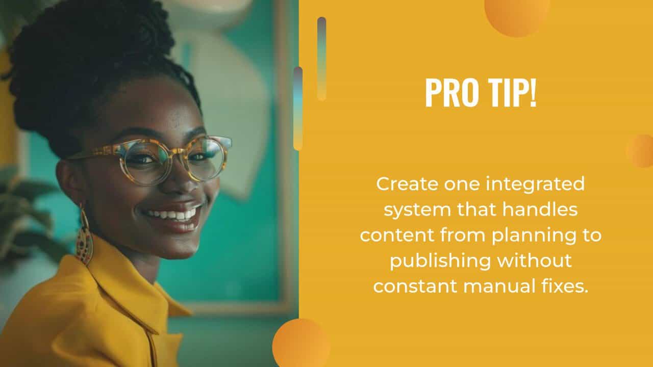 Smiling person in glasses and a yellow blazer stands next to a yellow box with text about integrating content planning and publishing systems using AI content strategy.
